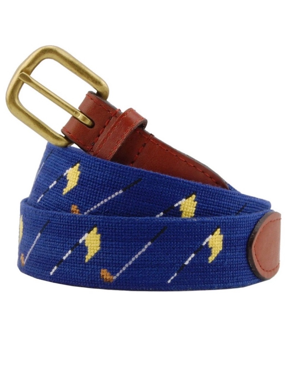 Smathers & Branson Mens Golf Flag Needlepoint Belt Navy Blue Leather Size 42